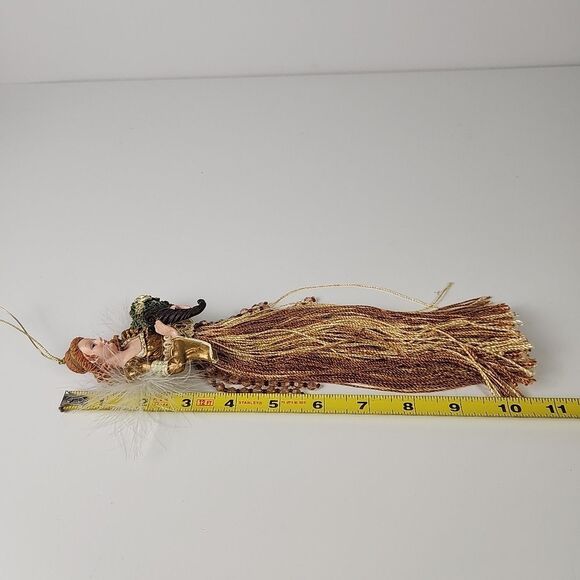 Christmas Angel Ornament Gold Tassel Beaded Dress Feather Wing Bouquet 10" - Picture 7 of 7